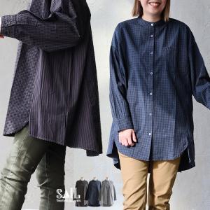 シャツ レディース ワイド すっきり 着痩せ 長袖 薄手 綿100 コットン ロング丈 バンドカラー ギンガム 大きめ パティ SAIL セイル (メール便50)