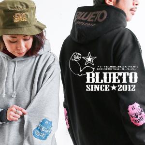パーカー スウェット メンズ レディース プルオーバー フード ひじ バックプリント 綿100％ 10オンス 裏毛 BLUETO