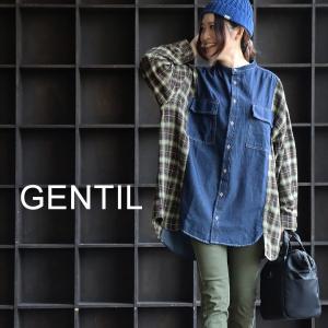 秋 デニム × チェック ビッグシルエット シャツ 長袖 レディース 綿 コットン100％ 長袖シャツ GENTIL｜paty