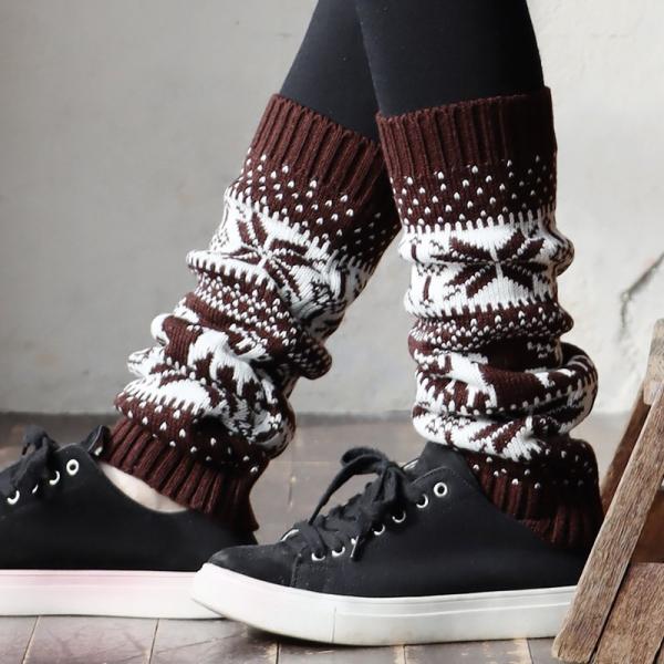 レッグウォーマー レディース 足元 ブラウン ブラック ノルディック柄 ニット ストレッチ 伸縮性 ...