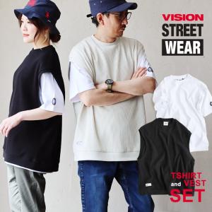 Tシャツ 半袖 ベスト アンサンブル セットアップ メンズ レディース クルーネック ワッフル PATY パティ VISION STREET WEAR ヴィジョンストリートウェア｜paty