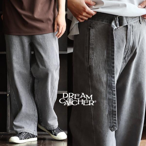 デニム パンツ ワイド テーパード ストレート メンズ レディース グレー デニム ベルト付き PA...