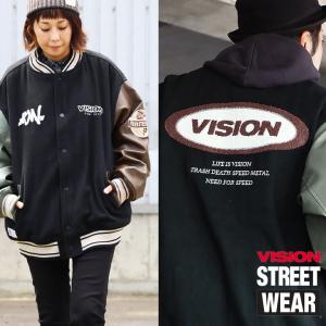 スタジャン スタジアムジャケット メルトン メンズ レディース 配色切り替え ワッペン サガラ刺繍 クレイジー VISION STREET WEAR ヴィジョンストリートウェア｜paty