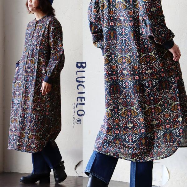 ワンピース 長袖 バンドカラー シャツワンピ エスニック プリント 総柄 リブ付き ロング丈 薄手 ...