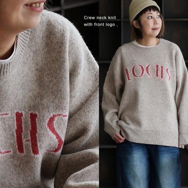 ニット プルオーバー 長袖 レディース 着痩せ ワイド クルーネック ロゴ アクリル ポリエステル ...