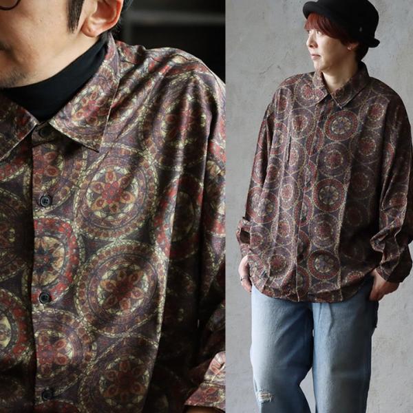 シャツ レギュラーシャツ 長袖 総柄 レトロ 薄手 ポリエステル 伸縮性 動きやすい ゆったり 大き...