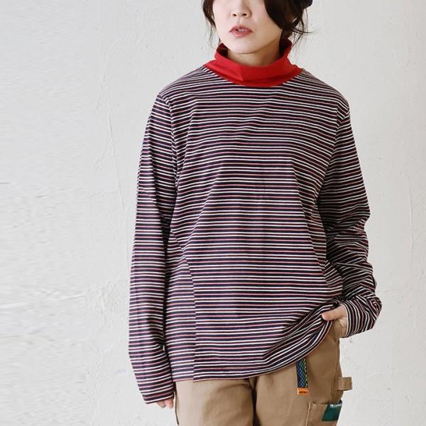 カットソー 長袖 インナー レディース タートルネック 重ね着 配色切り替え 無地 ボーダー 綿10...