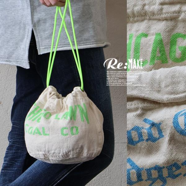 バッグ 巾着型 手提げ ポーチ ニュースペーパーバッグ 大きい リメイク 古着 メンズ レディース ...