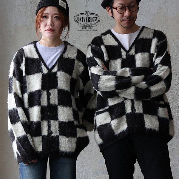 カーディガン カーデ 長袖 メンズ レディース Vネック アクリル モヘアタッチ チェッカーフラッグ...