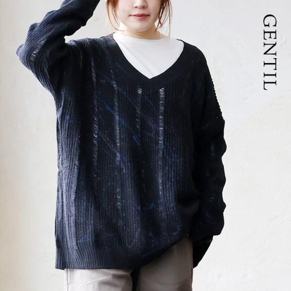 ニット 長袖 レディース Vネック アクリル ペイント 伸縮性 重ね着 大きいサイズ 体型カバー カ...