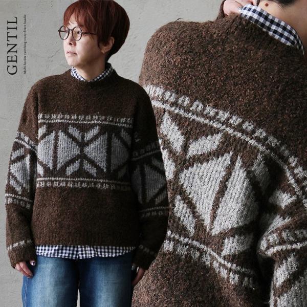 ニット セーター 長袖 レディース クルーネック ノルディック柄 ポリエステル アクリル ナイロン ...