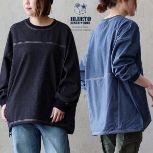 チュニック 長袖 レディース 着痩せ ストレッチ カットデニム 布帛 切り替え クルーネック 袖リブ BLUETO ブルート｜PATY
