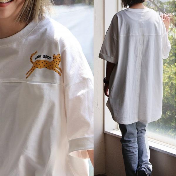 Tシャツ 5分袖 レディース お尻隠れる 着丈長い アニマル チーター プリント バックボタン 綿1...
