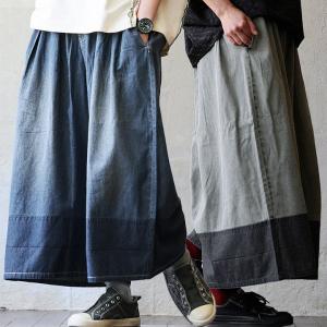スカーチョ ガウチョ ワイドパンツ レディース 配色 ブリーチデニム 綿100 コットン 薄手 軽い ウエストゴム 体型カバー パティ