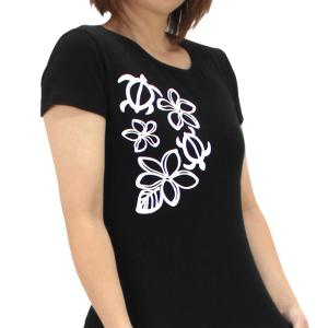 Tシャツ レディース 半袖 黒 ホヌ・プルメリア フラダンス