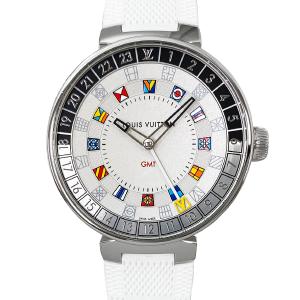 [中古] ルイヴィトン タンブール ムーン デュアルタイム QA096 クォーツ 2針 GMT針 ラバー シルバー文字盤 ホワイト 44mm LOUIS VUITTON LV｜pawnkawamura2