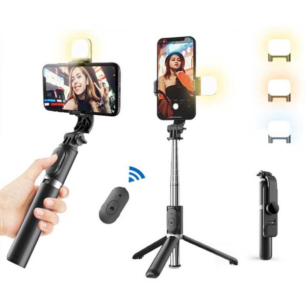 スマホ自撮り棒 三脚 美顔LEDライト リモコン付 軽量 折りたたみ式 コンパクト360°回転 無線...