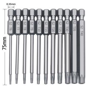 トルクスドライバー ビット 11本セット 中空トルクス頭 75ｍｍ 六角軸 6.35mm T6-T40 S2鋼ドライバービット 磁気 トルクス星ネジ用ビットセット 六角ビット