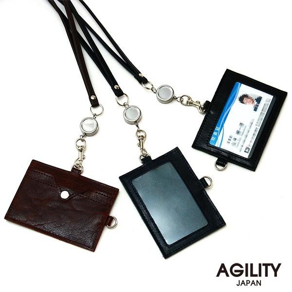 リール付き 革 レザー IDカードケース ネックストラップ おしゃれ 牛革 本革  AGILITY ...