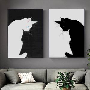 2枚セット 33×43cm アートパネル 枠付き フレーム絵画 白猫 黒猫 ネコ モダンアート モノクロ シンプル 壁掛け インテリア絵画 ウォールデコ｜peachy