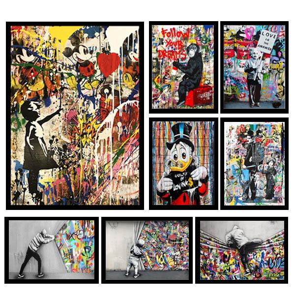単品 33×43cm アートパネル 枠付きフレーム絵画 バンクシー 落書きアート カラフル 少女と風...