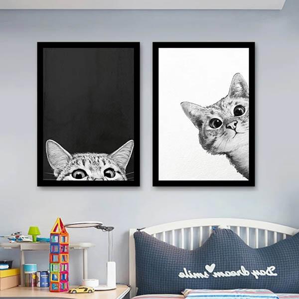 2枚セット 33×43cm アートパネル 枠付き フレーム絵画 のぞき見ネコ 猫 モノクロ イラスト...