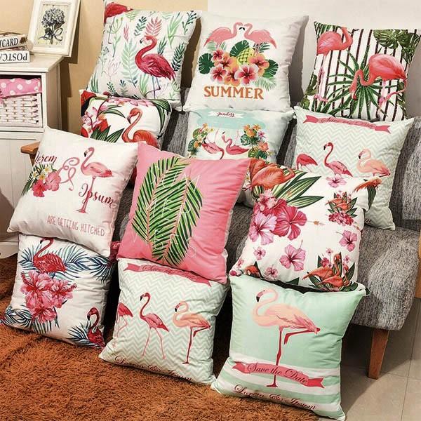 クッションカバー 南国柄 フラミンゴ トロピカル 北欧 ジュートタッチ ハワイアン ハイビスカス モ...
