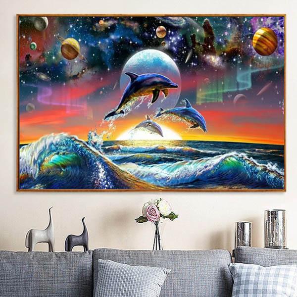 準上級  フル ダイヤモンドアート キット ビーズ刺繍 イルカ 宇宙 幻想的 オーロラ 海 モザイク...