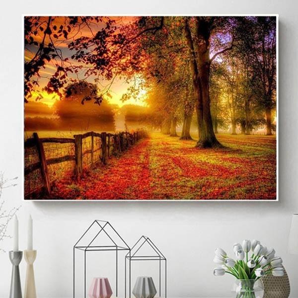 中級 フル ダイヤモンドアート キット ビーズ刺繍 秋の牧場 夕日 紅葉 モザイクアート パズルアー...