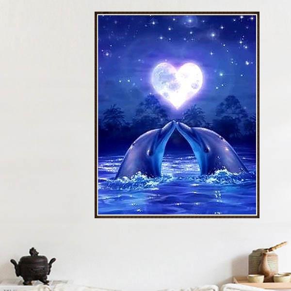 中級 フル ダイヤモンドアート キット ビーズ刺繍 イルカ 海上 ハート 夜の海 モザイクアート リ...