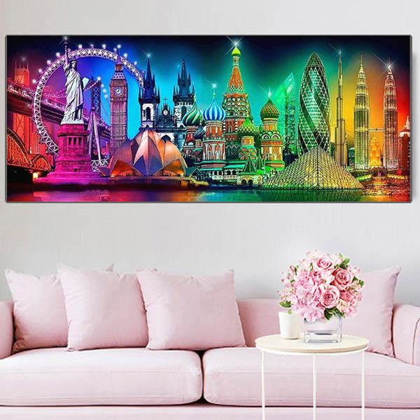 上級 フル ダイヤモンドアート キット ビーズ刺繍 レインボーカラー パノラマ ビッグベン NY モ...