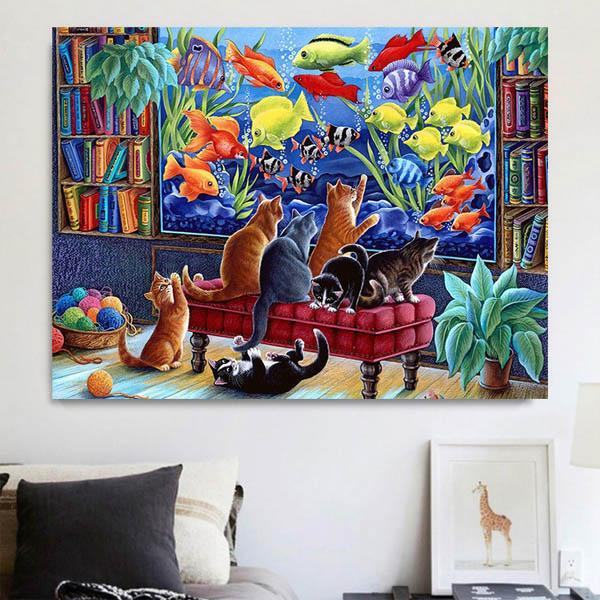 準上級 フル ダイヤモンドアート キット ビーズ刺繍 ネコと熱帯魚 カラフル 魚 猫 モザイクアート...
