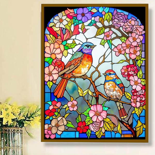 準上級 フル ダイヤモンドアート キット ビーズ刺繍 ステンドグラス 小鳥と花 カラフル モザイクア...