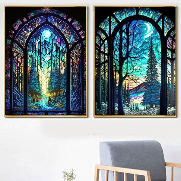 中級 フル ダイヤモンドアート キット ビーズ刺繍 ステンドグラス 幻想的な森 フォレスト モザイク...