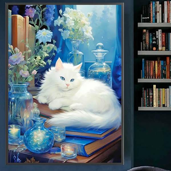 中級 フル ダイヤモンドアート キット ビーズ刺繍 青い目 白猫 シロネコ 書斎 モザイクアート リ...