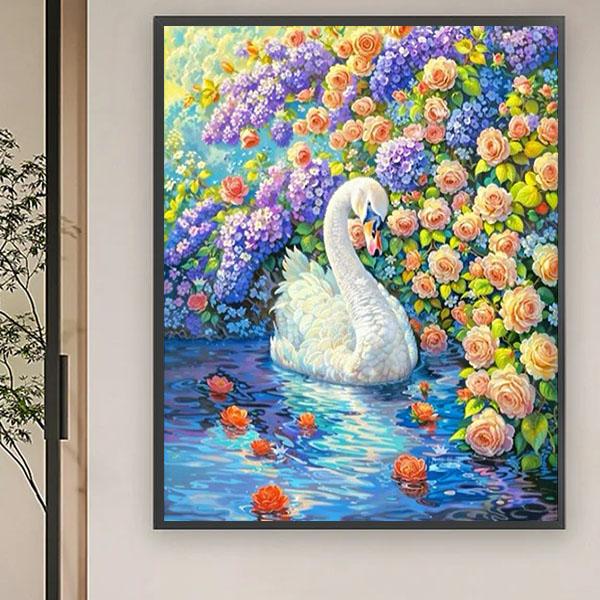 準上級 フル ダイヤモンドアート キット ビーズ刺繍 白鳥 湖 花畑 紫陽花 バラ モザイクアート ...