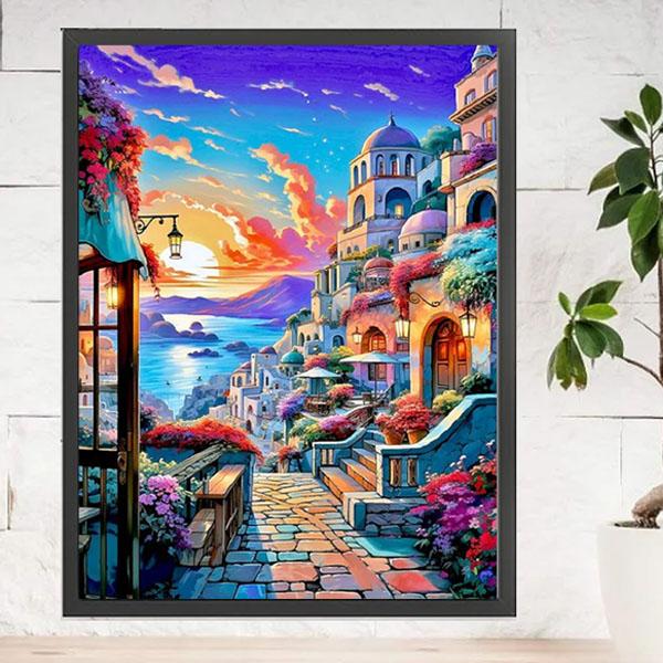 中級 フル ダイヤモンドアート キット ビーズ刺繍 カラフル ヨーロッパ 夕日 街 タウン モザイク...