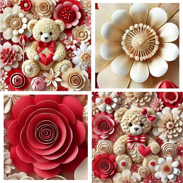 初級 フル ダイヤモンドアート キット ビーズ刺繍 テディベア 熊 ペーパーフラワー 花 モザイクア...