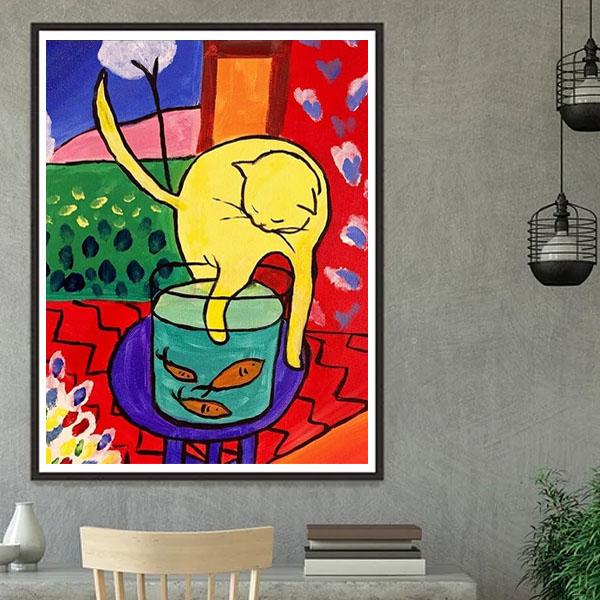 中級 フル ダイヤモンドアート キット ビーズ刺繍 抽象画 マティス 金魚と猫 いたずらネコ モザイ...