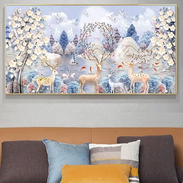 大型サイズ 上級者 フル ダイヤモンドアート キット ビーズ刺繍 白鹿 アジアテイスト 幻想的 白い...