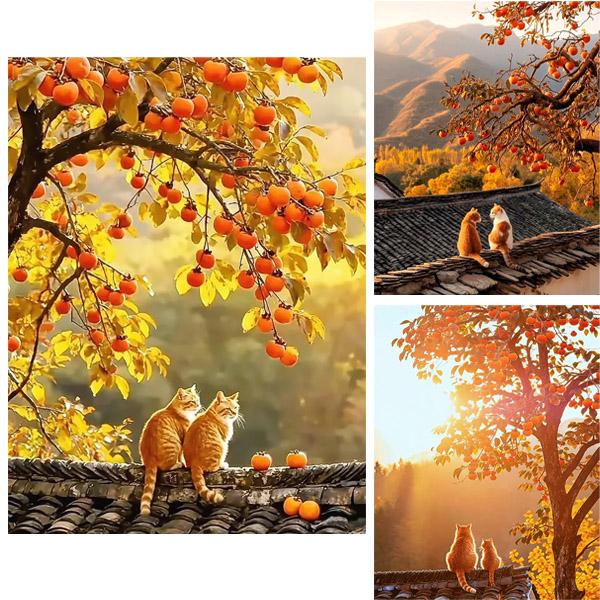中級 フル ダイヤモンドアート キット ビーズ刺繍 田舎風景 瓦屋根 猫 柿の木 秋 モザイクアート...