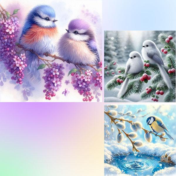 初級 フル ダイヤモンドアート キット ビーズ刺繍 枝に止まった小鳥 もふもふ シマエナガ 野鳥 モ...