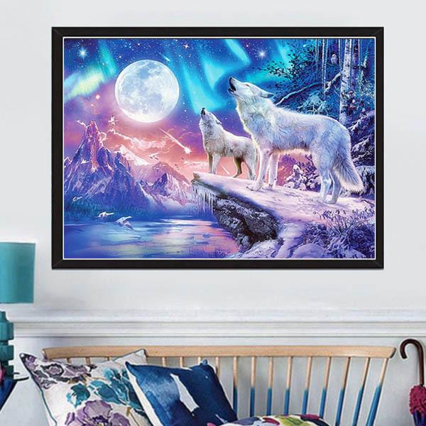 中級 フル ダイヤモンドアート キット ビーズ刺繍 幻想的 ホワイトウルフ 狼 月夜 モザイクアート...