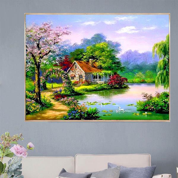 中級 フル ダイヤモンドアート キット ビーズ刺繍 ヨーロピアン 水辺の小屋 ガーデン モザイクアー...