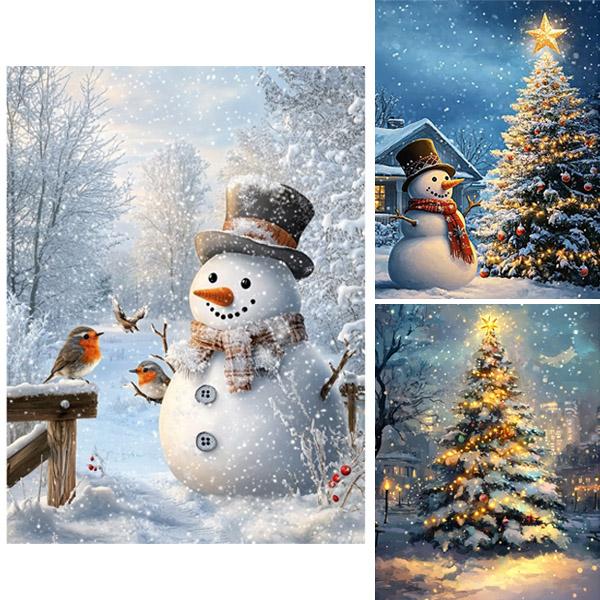 中級 フル ダイヤモンドアート キット ビーズ刺繍 クリスマス 雪だるま ツリー 水彩画風 モザイク...