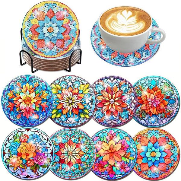 コースター 制作キット ダイヤモンドアート 8枚 ステンドグラス 花モチーフ フラワーパターン ホル...