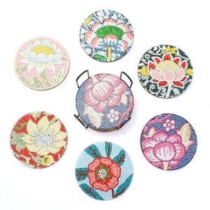 ウッドコースター 制作キット ダイヤモンドアート 6枚 北欧花柄 フラワー ホルダー付き ビーズ刺繍 モザイクアート リハビリ 趣味 絵画 ラインストーン