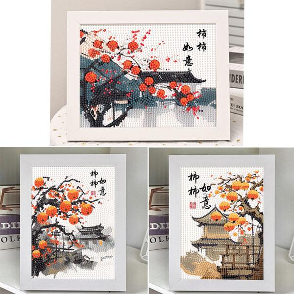 木製フレーム付き ダイヤモンドアート 刺繍キット アジアテイスト 中華 お城 柿 水墨画タッチ パズ...