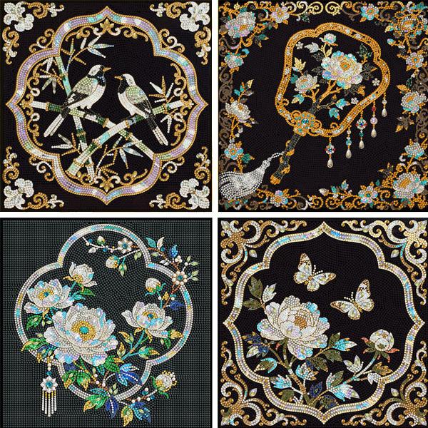 内フレーム付き ラインストーン フル ダイヤモンドアート 刺繍キット 花鳥風月 アジア 中華風 牡丹...
