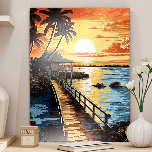 内フレーム付き ダイヤモンドアート 40×50cm 刺繍キット ハワイアン 夕日 サンセット 海 パ...